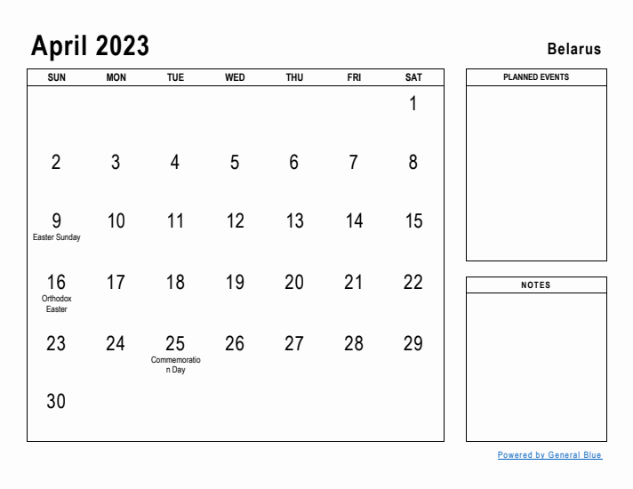 April 2023 Printable Monthly Calendar with Belarus Holidays