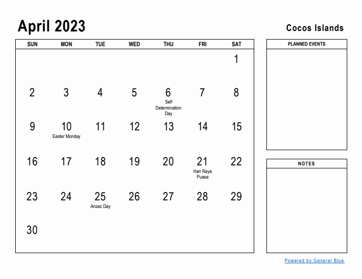 April 2023 Printable Monthly Calendar with Cocos Islands Holidays