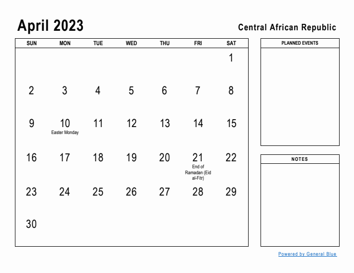 April 2023 Printable Monthly Calendar with Central African Republic Holidays