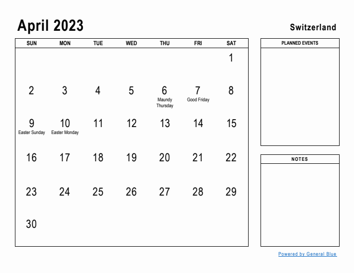 April 2023 Printable Monthly Calendar with Switzerland Holidays