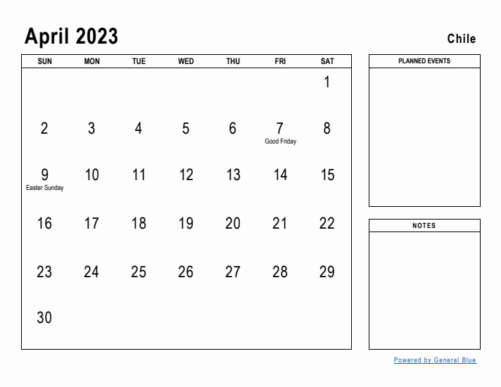 April 2023 Printable Monthly Calendar with Chile Holidays