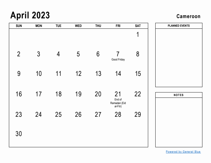 April 2023 Printable Monthly Calendar with Cameroon Holidays