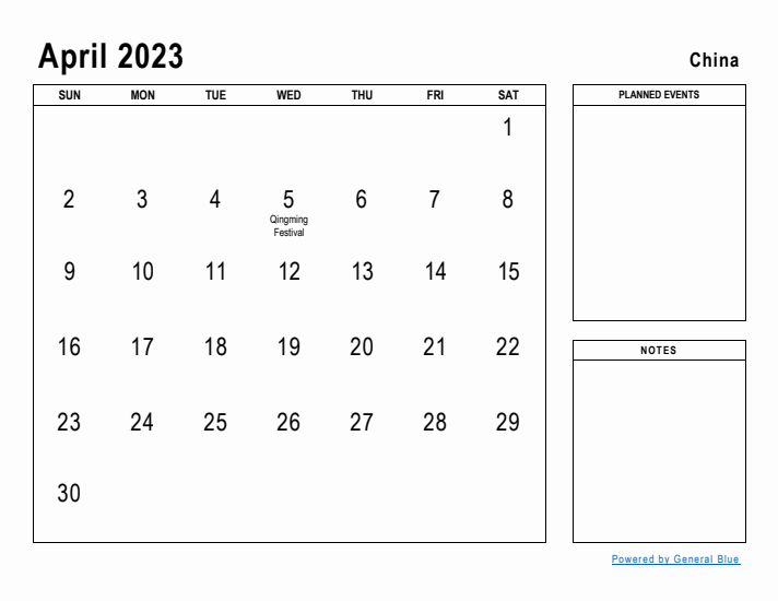 April 2023 Printable Monthly Calendar with China Holidays