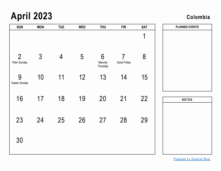 April 2023 Printable Monthly Calendar with Colombia Holidays