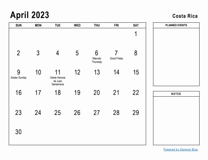 April 2023 Printable Monthly Calendar with Costa Rica Holidays