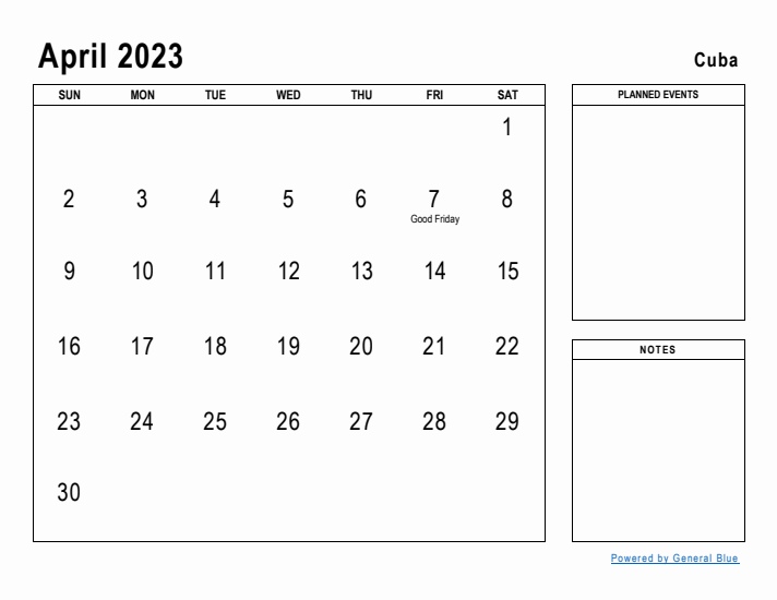 April 2023 Printable Monthly Calendar with Cuba Holidays