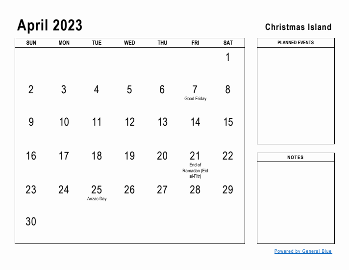 April 2023 Printable Monthly Calendar with Christmas Island Holidays