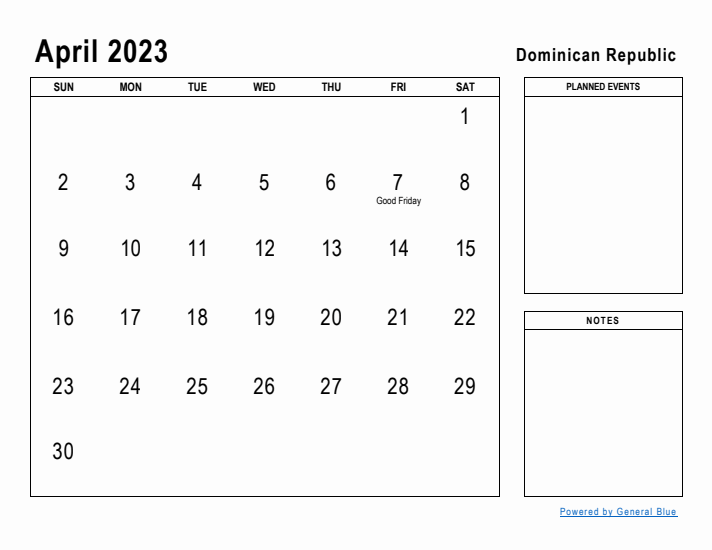 April 2023 Printable Monthly Calendar with Dominican Republic Holidays