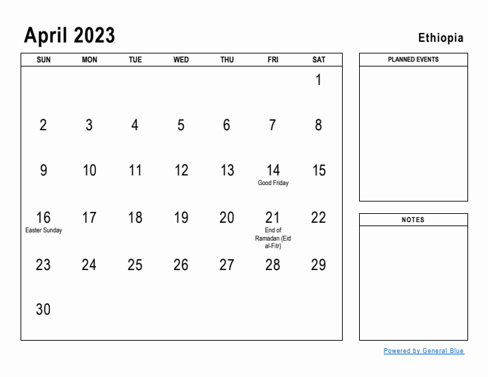 April 2023 Printable Monthly Calendar with Ethiopia Holidays