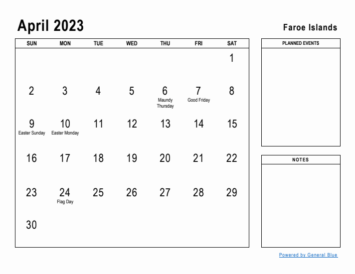 April 2023 Printable Monthly Calendar with Faroe Islands Holidays