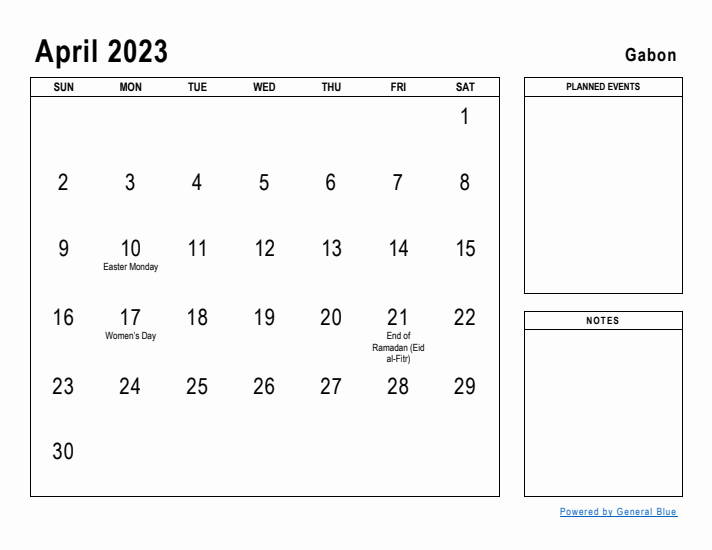 April 2023 Printable Monthly Calendar with Gabon Holidays