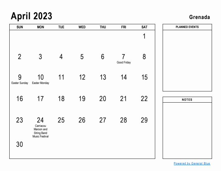 April 2023 Printable Monthly Calendar with Grenada Holidays