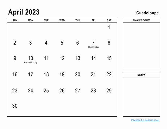 April 2023 Printable Monthly Calendar with Guadeloupe Holidays