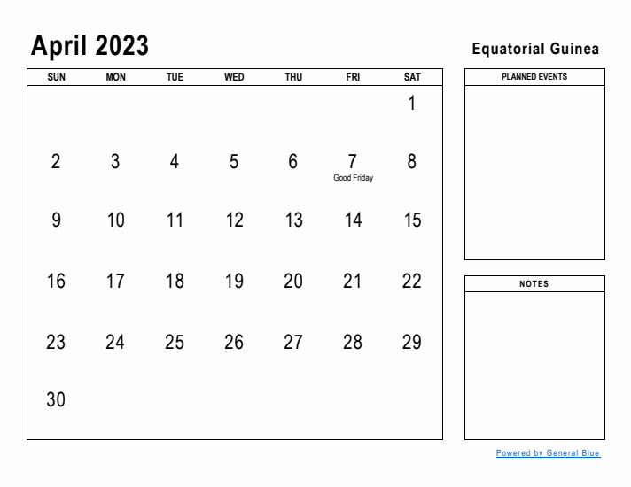 April 2023 Printable Monthly Calendar with Equatorial Guinea Holidays