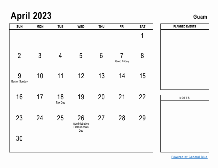 April 2023 Printable Monthly Calendar with Guam Holidays