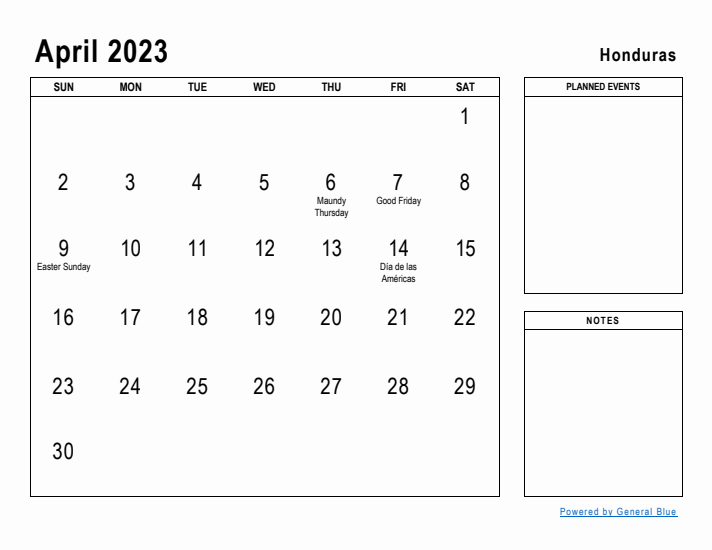 April 2023 Printable Monthly Calendar with Honduras Holidays