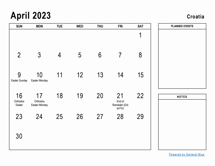 April 2023 Printable Monthly Calendar with Croatia Holidays