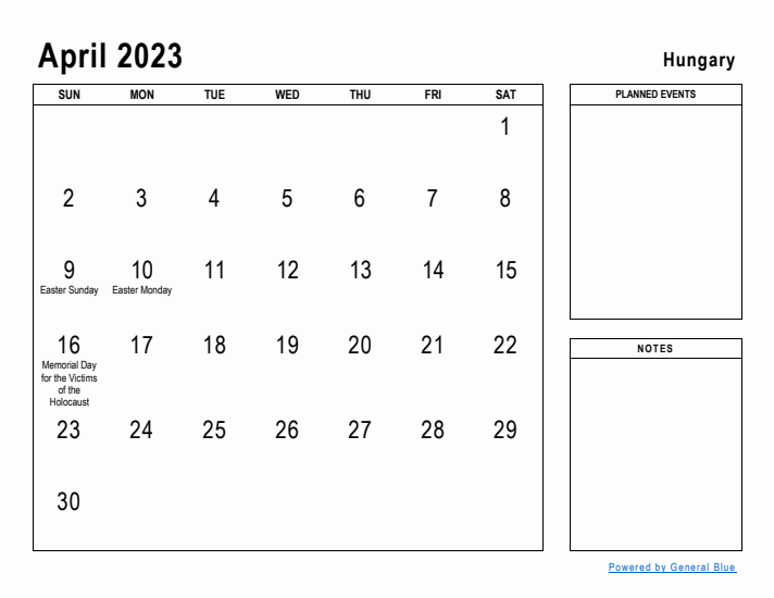 April 2023 Printable Monthly Calendar with Hungary Holidays