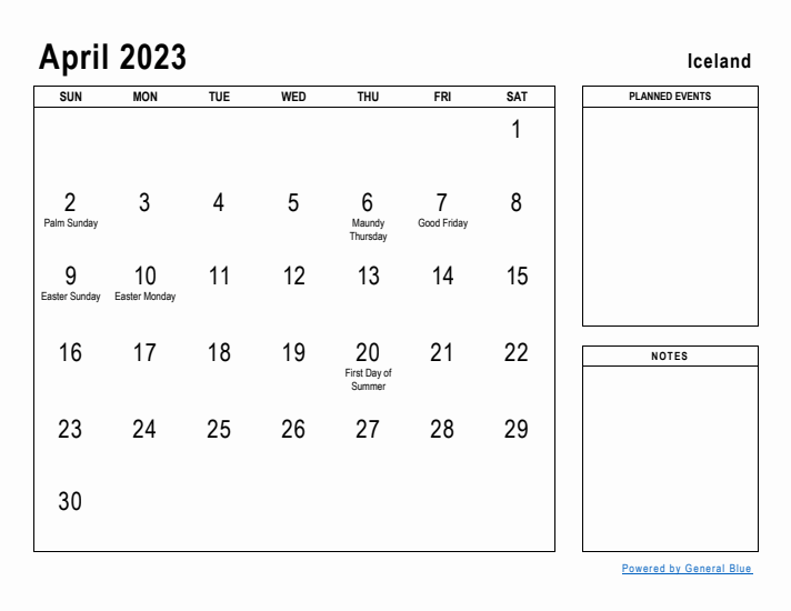 April 2023 Printable Monthly Calendar with Iceland Holidays