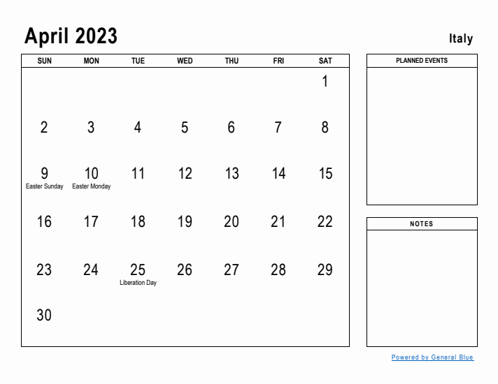 April 2023 Printable Monthly Calendar with Italy Holidays