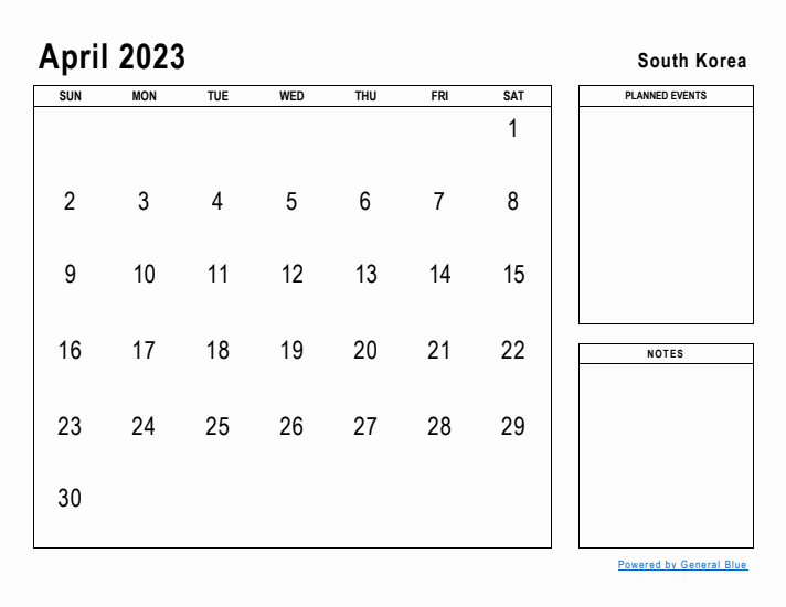 April 2023 Printable Monthly Calendar with South Korea Holidays