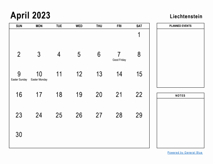 April 2023 Printable Monthly Calendar with Liechtenstein Holidays