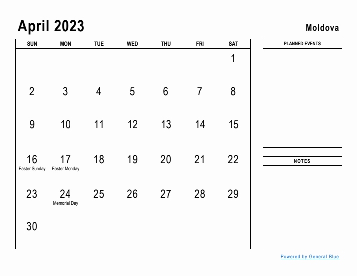 April 2023 Printable Monthly Calendar with Moldova Holidays