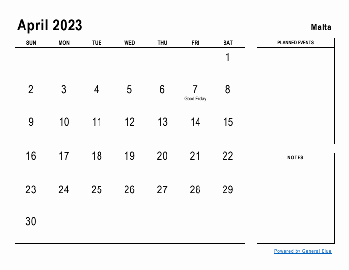 April 2023 Printable Monthly Calendar with Malta Holidays