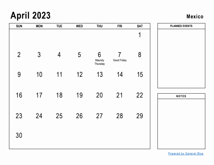 April 2023 Printable Monthly Calendar with Mexico Holidays