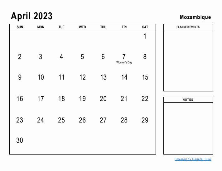 April 2023 Printable Monthly Calendar with Mozambique Holidays