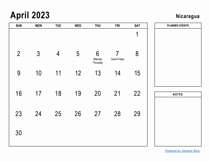 April 2023 Printable Monthly Calendar with Nicaragua Holidays