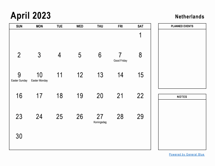 April 2023 Printable Monthly Calendar with The Netherlands Holidays