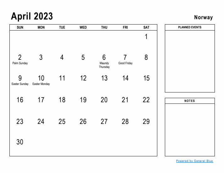 April 2023 Printable Monthly Calendar with Norway Holidays