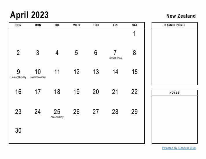 April 2023 Printable Monthly Calendar with New Zealand Holidays