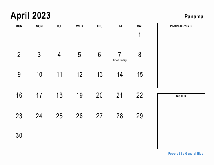 April 2023 Printable Monthly Calendar with Panama Holidays