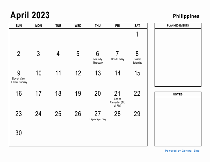 April 2023 Printable Monthly Calendar with Philippines Holidays