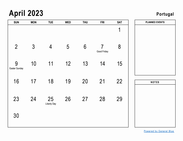 April 2023 Printable Monthly Calendar with Portugal Holidays