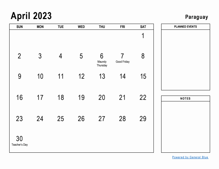 April 2023 Printable Monthly Calendar with Paraguay Holidays