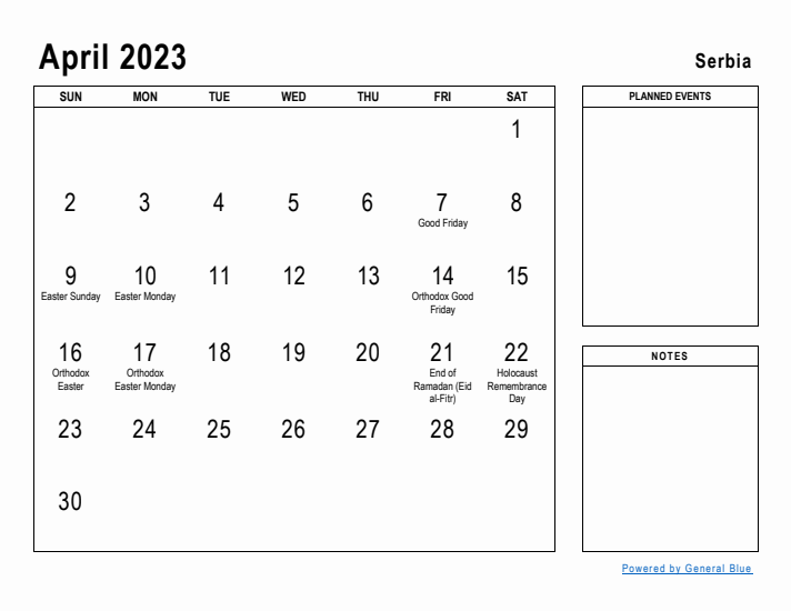 April 2023 Printable Monthly Calendar with Serbia Holidays