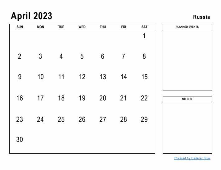 April 2023 Printable Monthly Calendar with Russia Holidays