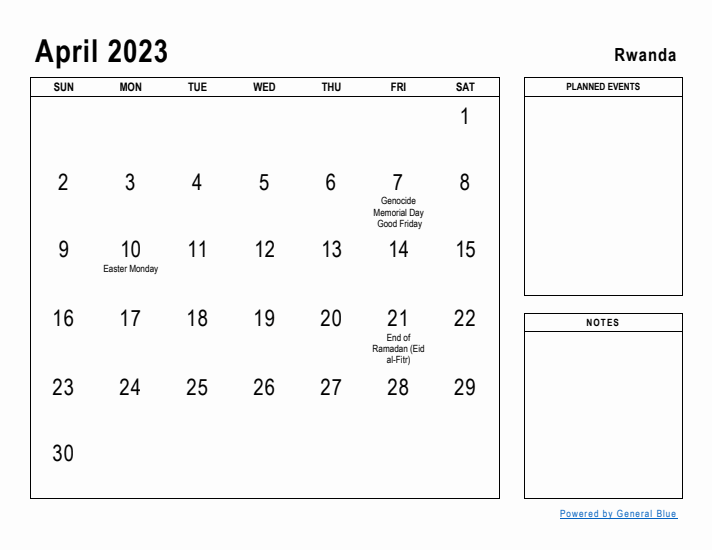 April 2023 Printable Monthly Calendar with Rwanda Holidays