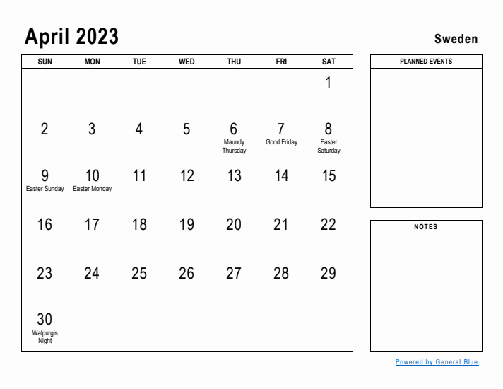 April 2023 Printable Monthly Calendar with Sweden Holidays