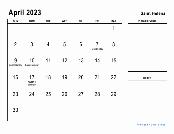 April 2023 Printable Monthly Calendar with Saint Helena Holidays