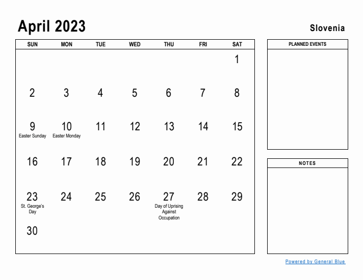 April 2023 Printable Monthly Calendar with Slovenia Holidays