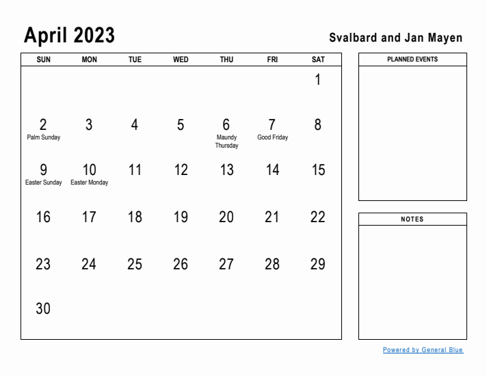 April 2023 Printable Monthly Calendar with Svalbard and Jan Mayen Holidays