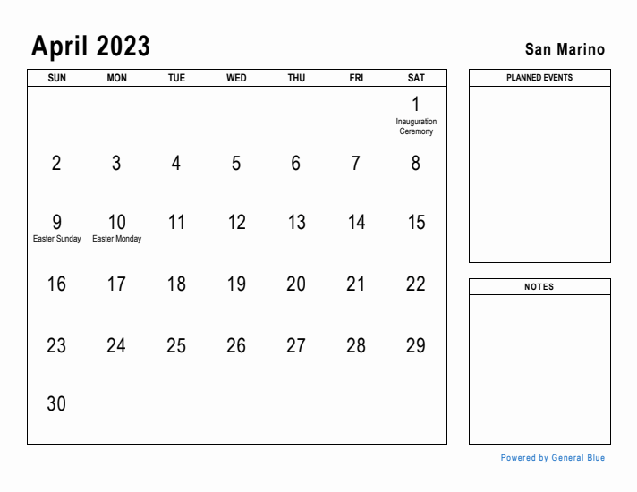 April 2023 Printable Monthly Calendar with San Marino Holidays