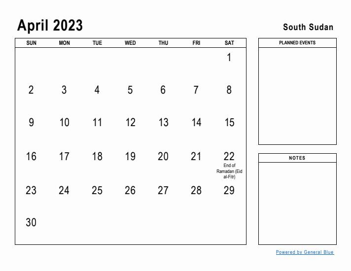 April 2023 Printable Monthly Calendar with South Sudan Holidays