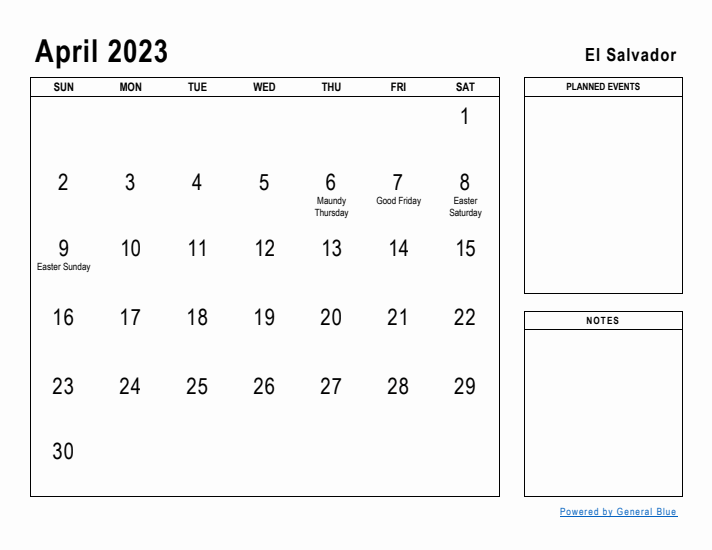 April 2023 Printable Monthly Calendar with El Salvador Holidays