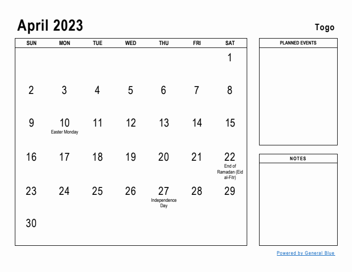 April 2023 Printable Monthly Calendar with Togo Holidays