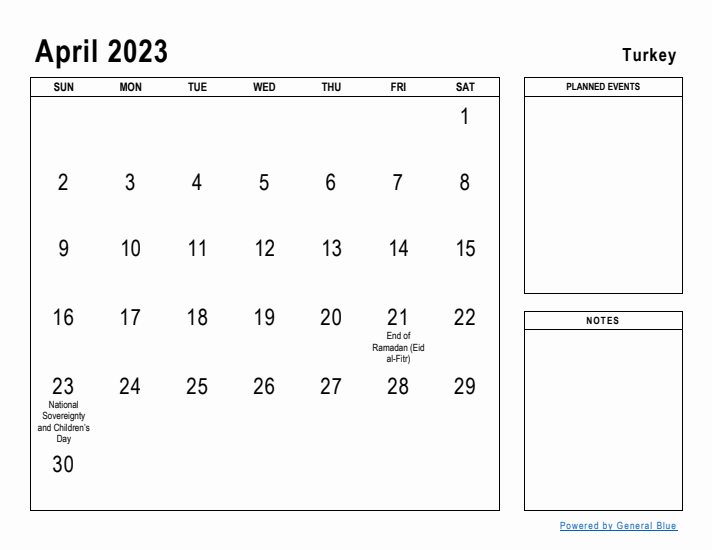 April 2023 Printable Monthly Calendar with Turkey Holidays